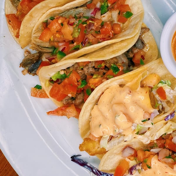 A plate of three tacos, two with meat and salsa, one with fried fish and creamy sauce.
