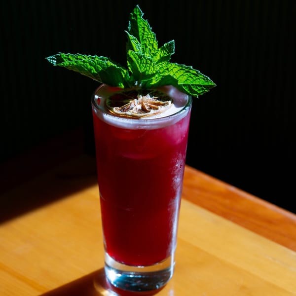 A vibrant red cocktail with mint and dried citrus garnish on a wooden table.