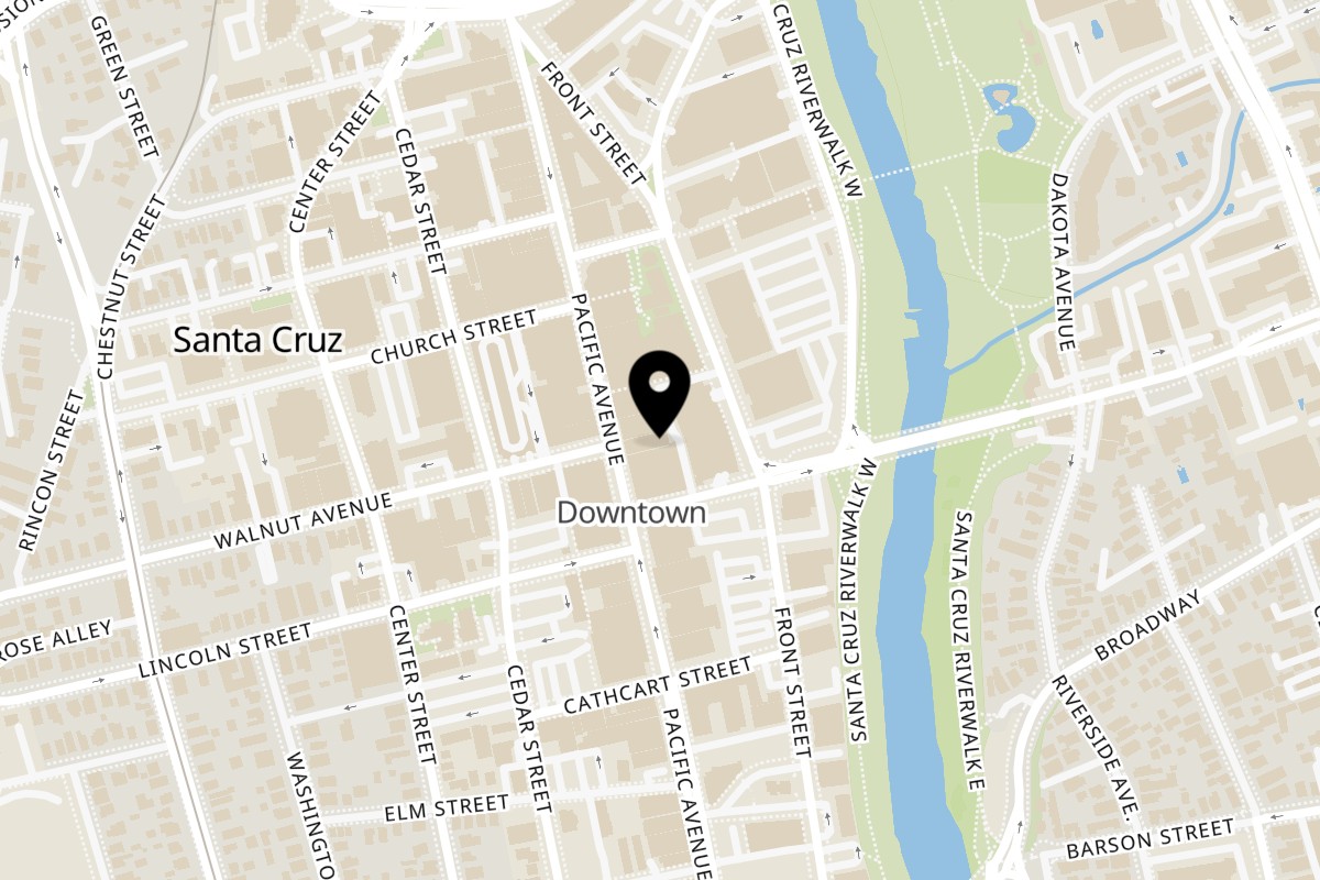 Map showing the location of Rosie McCann's Irish Pub & Restaurant on 1220 Pacific Ave in Santa Cruz